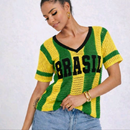 Blusa Brasil Feminina em Tricot – Camisa Estilo Torcida Premium (Verde e Azul)