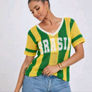 Blusa Brasil Feminina em Tricot – Camisa Estilo Torcida Premium (Verde e Azul)